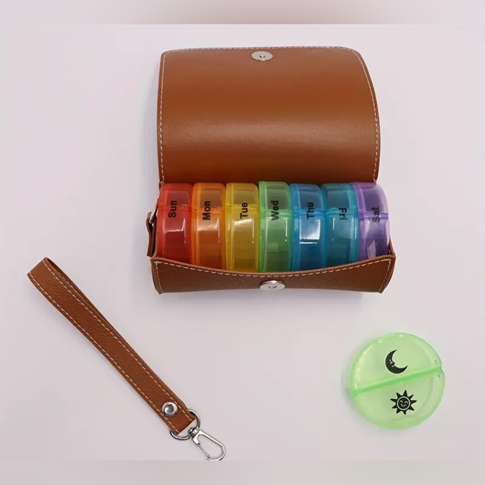 Brown Leather Pill Organizer with Rainbow Compartments